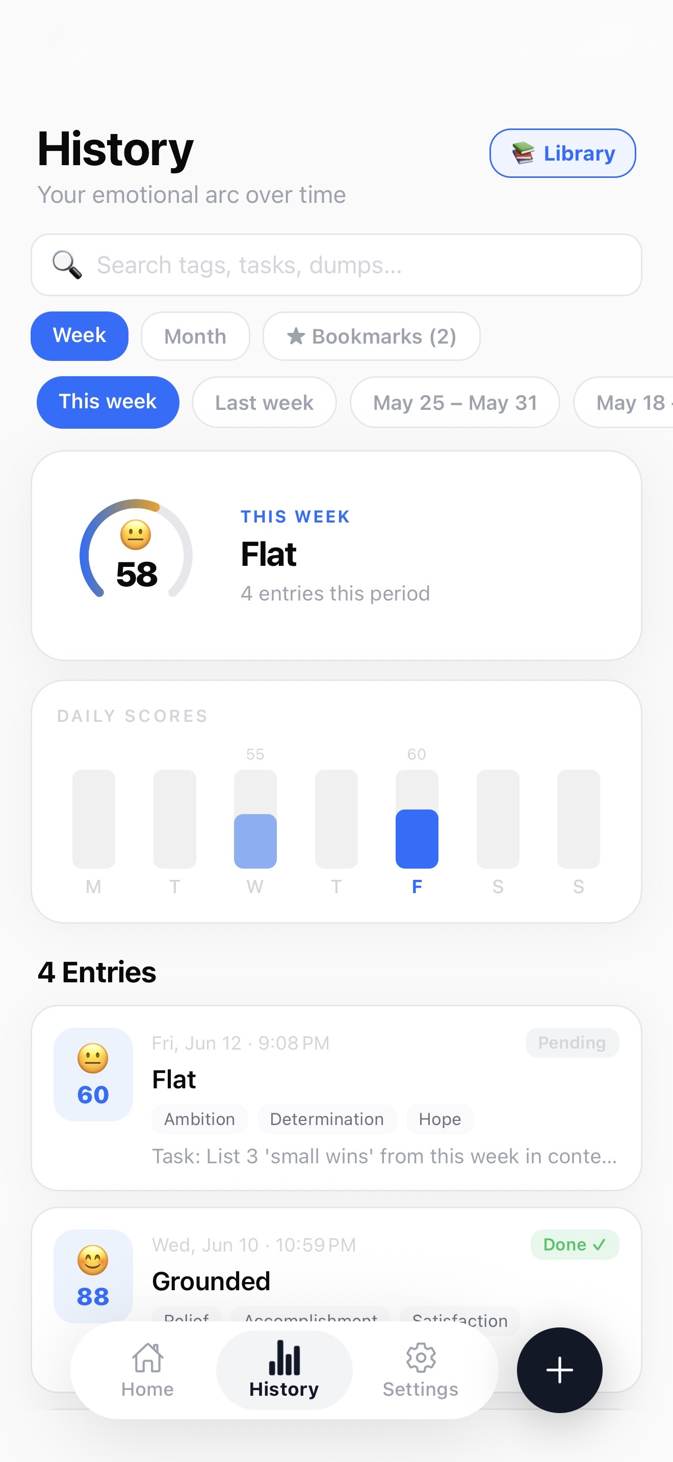 Narro history screen — your emotional arc over time