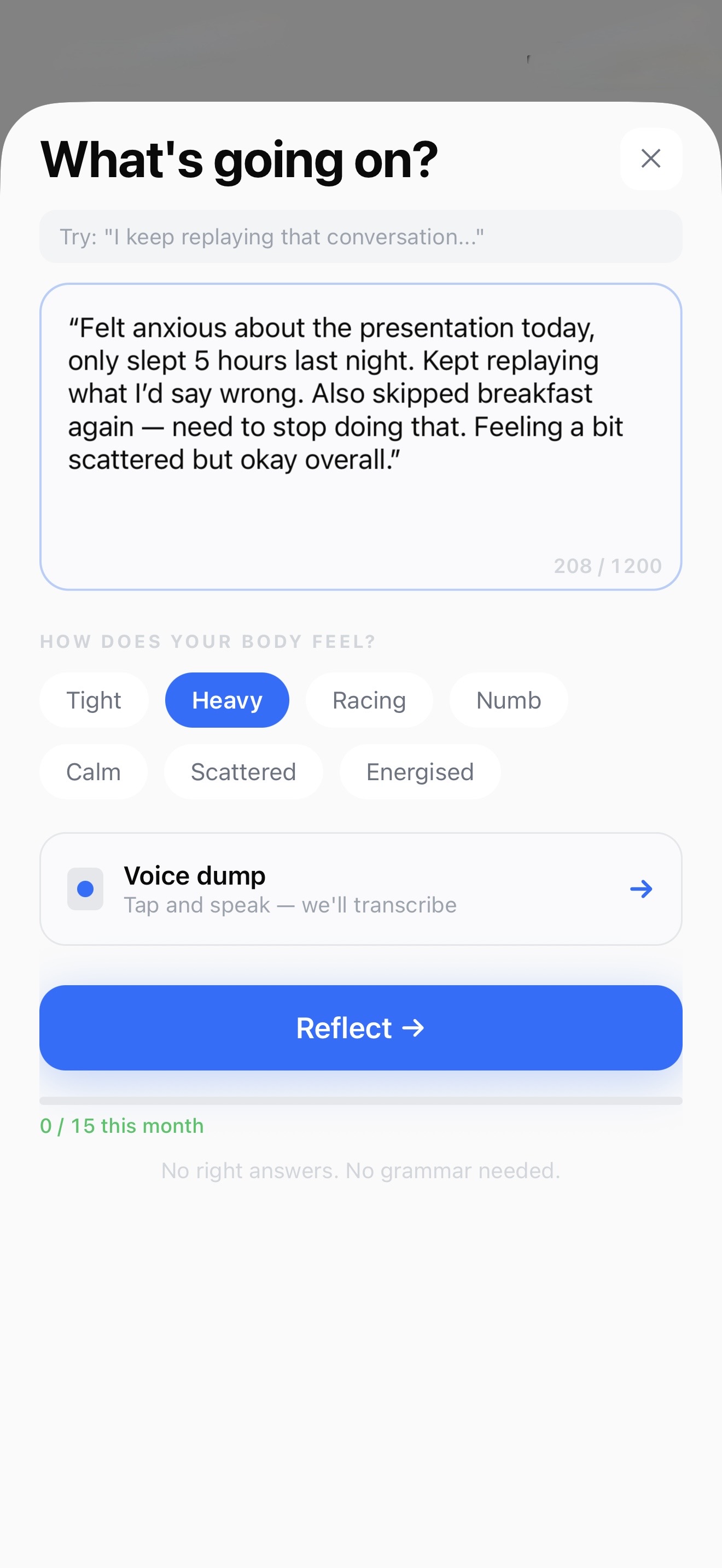 Narro reflect screen — brain dump what's going on